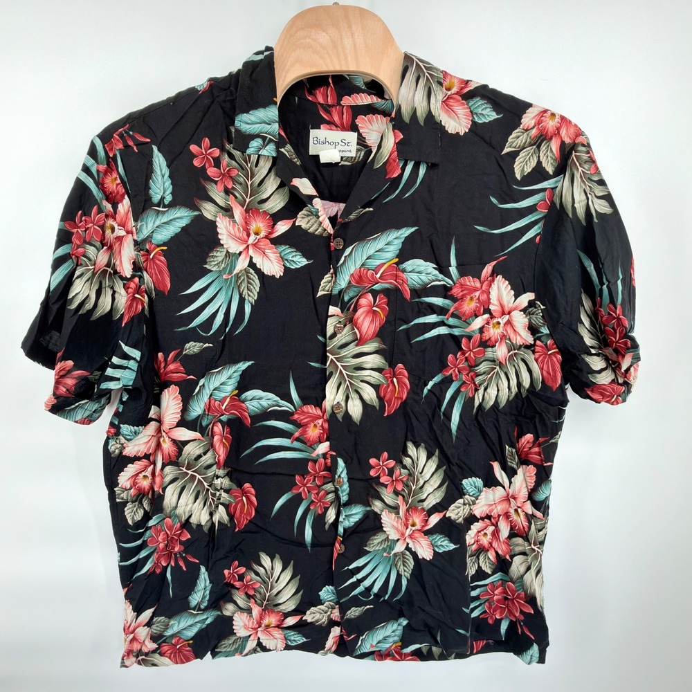 Bishop St Apparel Mens 3XL Hawaiian Shirt Black Floral Tropical Rayon Made HI